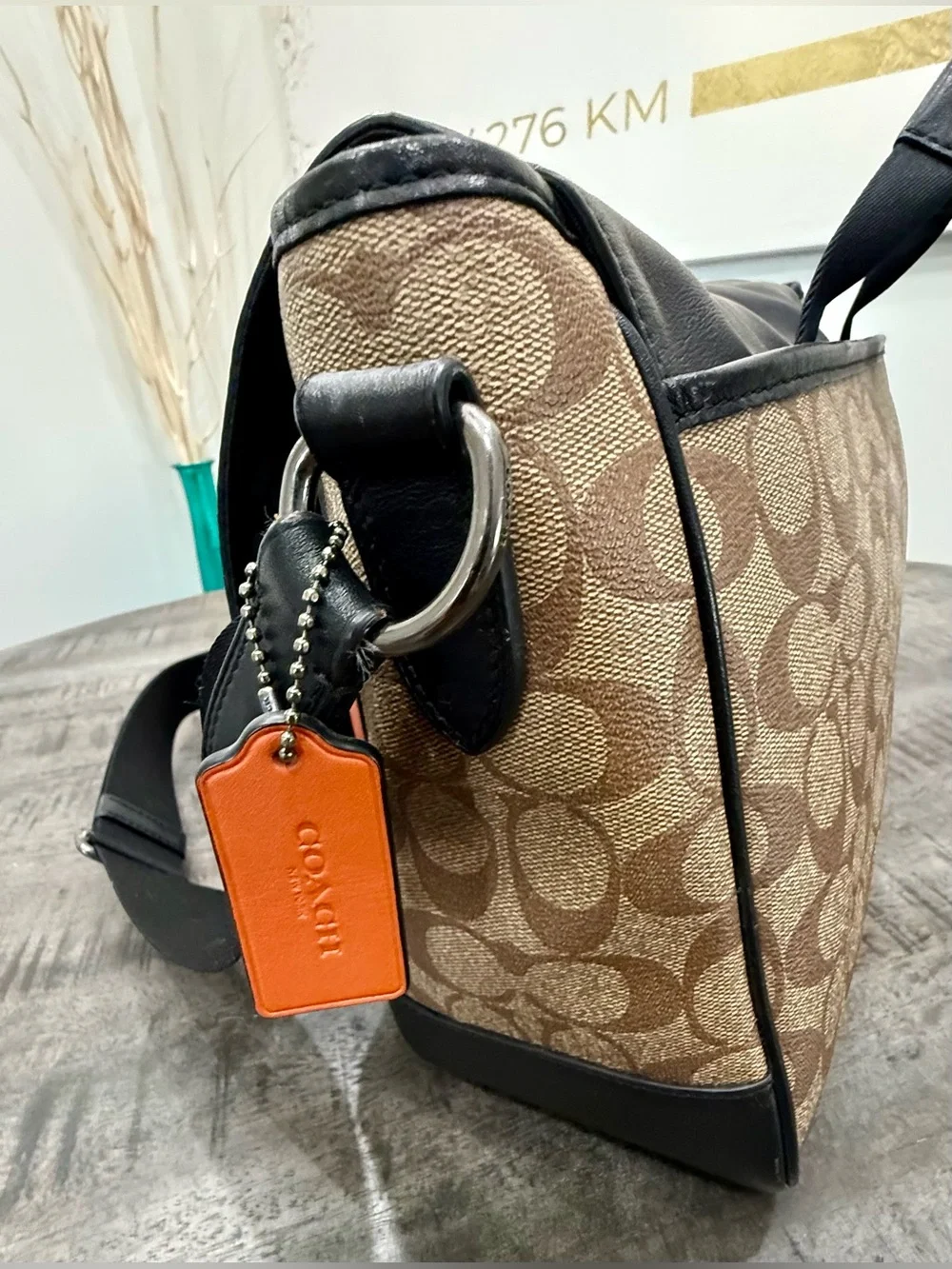Coach Black Leather & Brown Signature Canvas Messenger Bag with Orange Accents